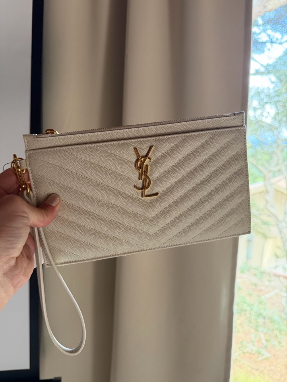 Saint Laurent Cream Quilted Leather Wristlet Clutch with Gold YSL Logo